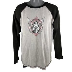 Y2K Skeleton Motorcycle Skull‎ Biker Waffle Sleeve XL Gray Black Acid Wash Punk